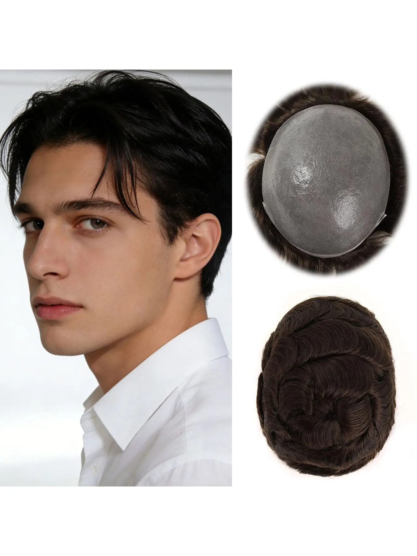 Men's Toupee Wig Full PU Body Wave Human Hair, 30mm Wave with Natural Hairline, Human Hair, Breathable Male PU Toupee Hair System, Comfortable Human Hair for Baldness & Hair Loss, Comfortable & Durable, Wavy Wigs, Natural Daily Wig