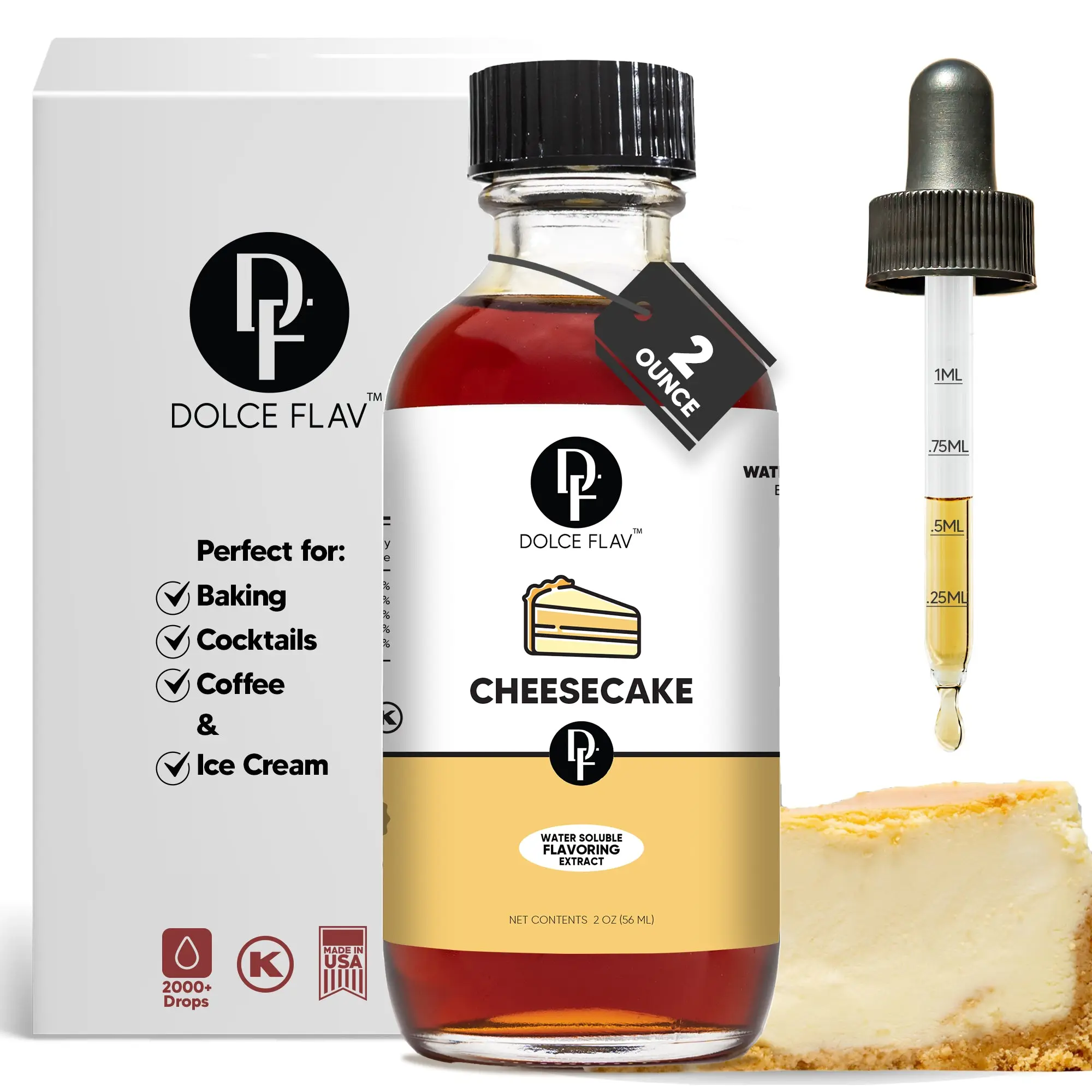 Dolce Flav Water-Soluble Cheesecake Flavoring Extract 2 oz - Dye-Free, Super Strength, 2000+ Drops, Perfect for Baking, Cocktails, Coffee & Ice Cream
