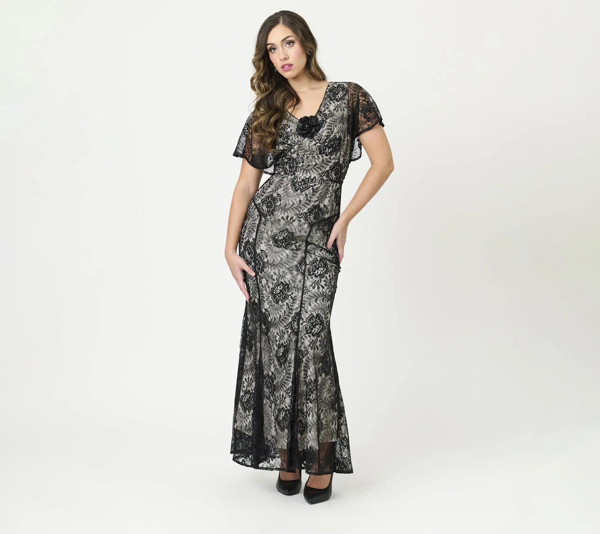 Unique Vintage Black Lace & Nude Lining Flutter Sleeve Gown