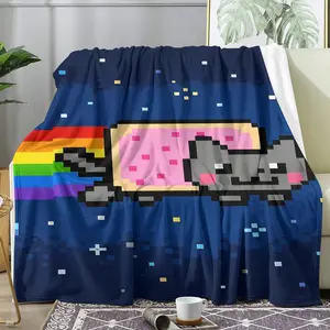 N-Nyan Cat Throw Ultra Soft Flannel Cooling Throw Blanket Cozy Nap Blanket, Skin-Friendly Breathable No Shedding, Air Conditioner Summer Blanket for Sofa Bed Office Chair, Perfect for Travel Camping Home, Easy Care, Casual Soft Blanket