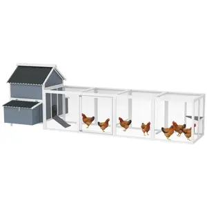 PawHut Extra Large Chicken Coop with 2 Nesting Box, 156" Wooden Hen House Poultry Cage with Extra Long Run Cage, Waterproof Wave Roof, Perches, Swings, for 10-15 Chickens, Rabbits, Ducks, Light Gray