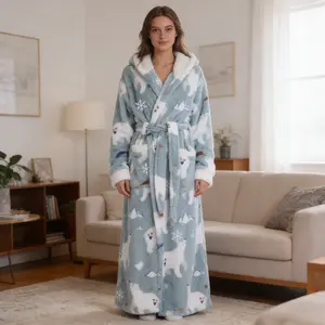 Hooded Bathrobe 320g Cotton Fleece Cozy Winter Wear for Women Long Sleeve Floral Loungewear Nightwear Aesthetic Stylish Design Warm Comfortable