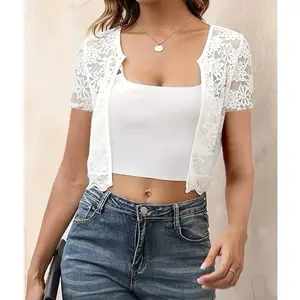 Floral Lace Sexy  Crochet Collarless Open Front Cardigan Size XL NEW  This Floral Lace Sexy Crochet Collarless Open Front Cardigan in Size XL is a stylish and versatile addition to any woman's wardrobe. The white lace fabric and floral pattern give it a f