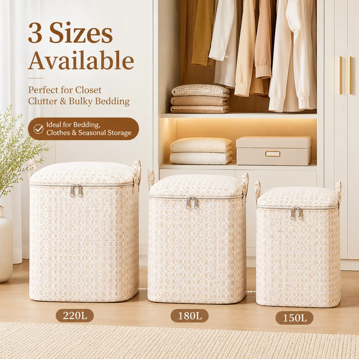 Classic Sustainable Zipper Home Storage Bags - Large Capacity 220L, 180L, 150L Sizes, Durable, Sturdy, Lightweight, Foldable for Home Organization