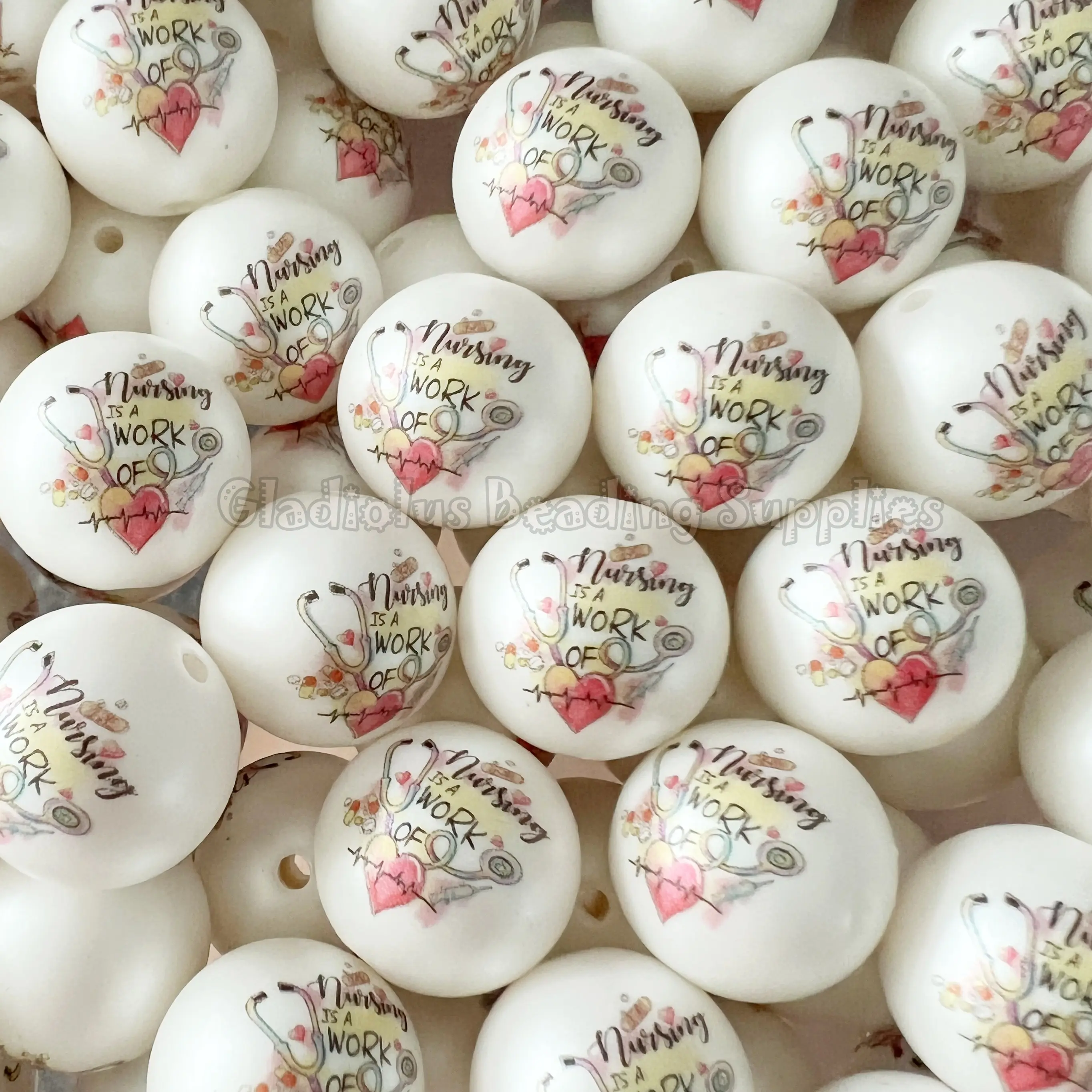 20mm Nursing Is A Work of Heart Print Acrylic Bead, Nursing Beads, Bubblegum, Chunky Round, Gumball, Beading Supplies