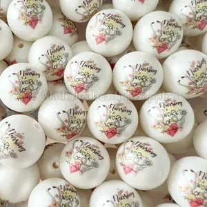 20mm Nursing Is A Work of Heart Print Acrylic Bead, Nursing Beads, Bubblegum, Chunky Round, Gumball, Beading Supplies