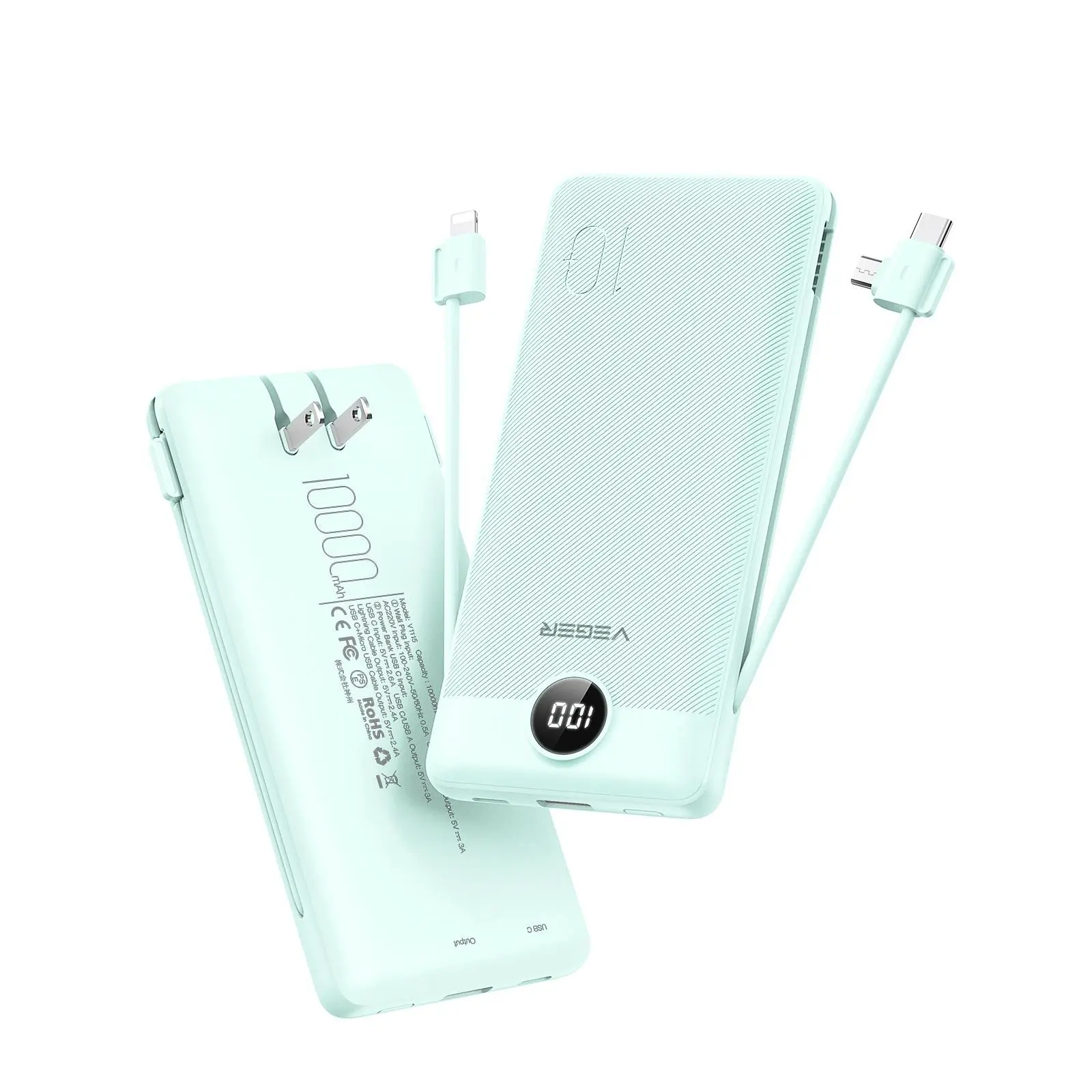 VEGER Portable Charger with Built in AC Plug and Cables, All in One 10000mAh Ultra Slim Power Bank Emergency Fast Charging for Travel Battery Pack Compatible with iPhone, Samsung, Android