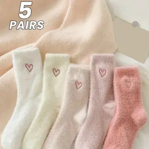5 Pairs Heart Embroidery Socks, Cute & Warm Fluffy Thick  Socks  Women's Stockings &Hosiery Soft Ankle Socks Fit Fuzzy Stretchy Everyday Embroidered.