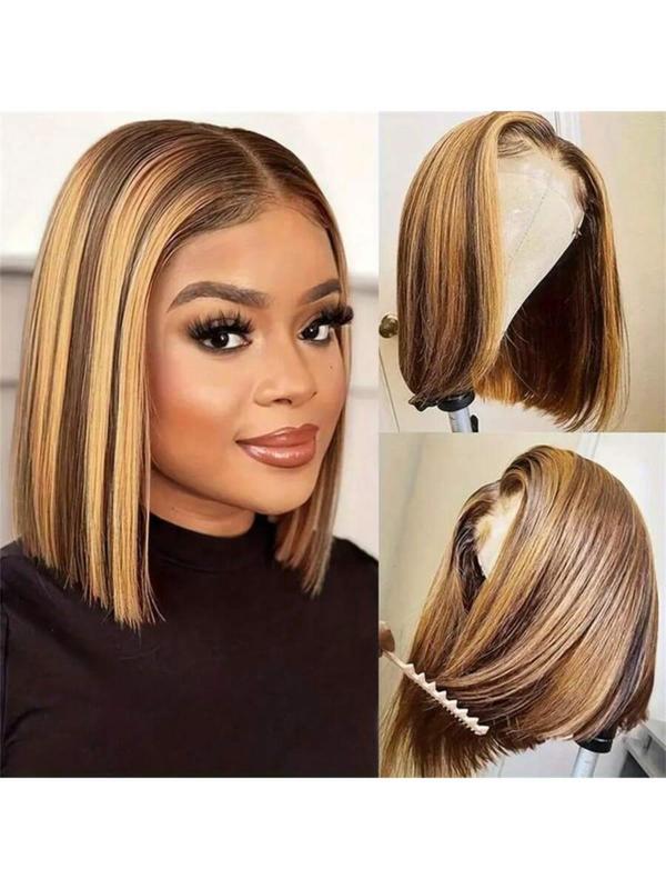 Highlight Bob Wig Colored 4/27 Highlight Bob 13X4 HD Lace Front Wig Straight Human Hair Pre Plucked With Baby Hair Ombre Brown Honey Blonde Bob Wigs For Women,8-16 inch,Natural Look for Everyday HD Lace Frontal Natural Looking Hair