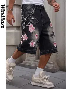 Men's Classic Cherry Blossom Embroidered Ripped Denim Shorts, Comfortable Loose Fit Streetwear, Versatile Summer for All Occasions