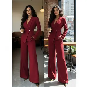 Women's Elegant Lapel V-Neck Long Sleeve Unique Design Waist Belt Buttoned High-End Blazer Jacket And Straight Wide-Leg Pants Two Pieces Suit, Suitable For Work Commute In AutumnfbL4