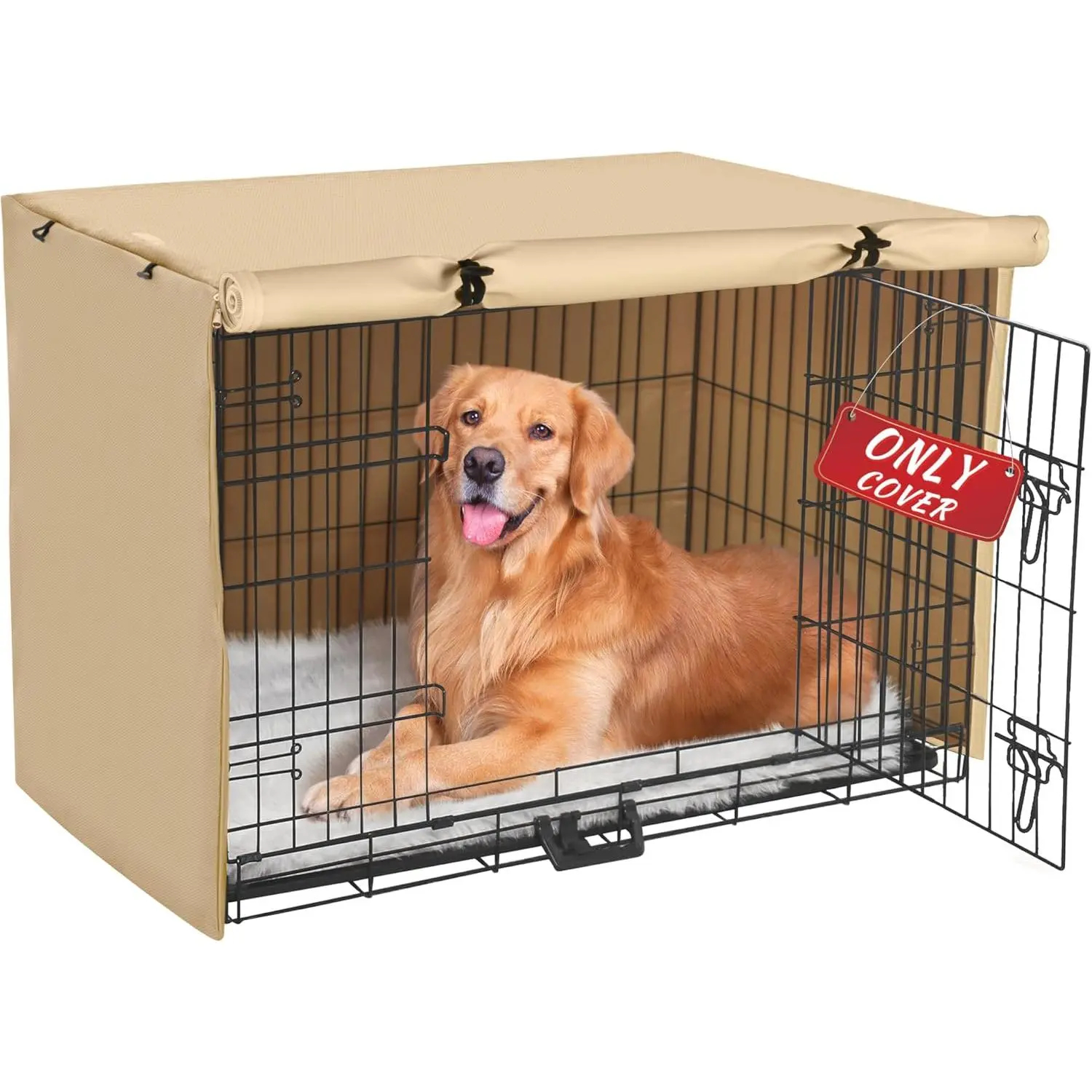 Dog Crate Cover - Double Door Waterproof Pet Kennel Cover, Durable 600D Polyester Protective Cage Cover for 24/30/36/42/48 Inch Dog Crate - Beige