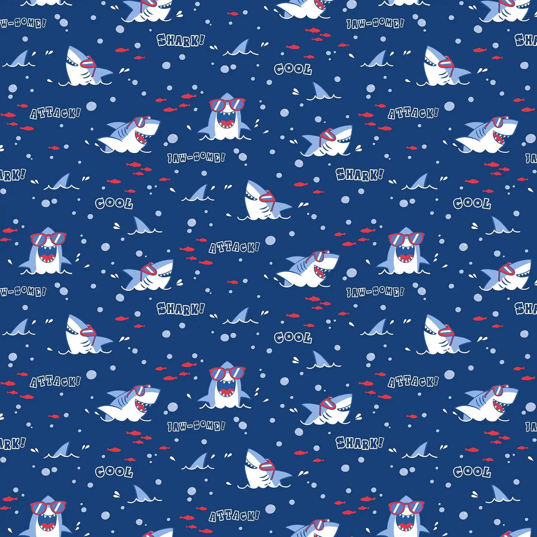 Fabric Northcott Navy Shark Heads Shark Attack by the Quarter Yard 28857-48