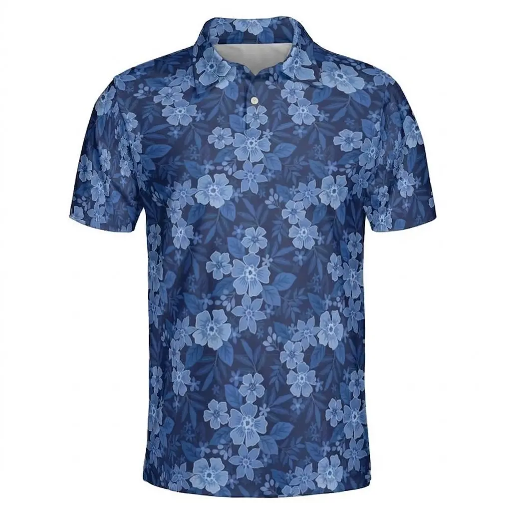 Blue Floral Hawaiian Print Men's Golf Polo Moisture Wicking #Poloshirt