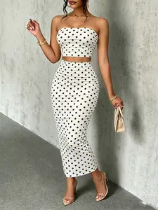 Women's Summer Casual Polka Dots Strapless Top and Knee-Length Skirt Set, Two-Piece for Going Out, Fall Fashion Clothing