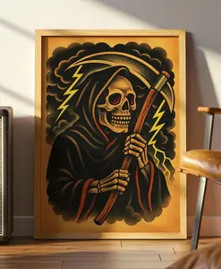 Grim Reaper Traditional Tattoo Flash Poster: Vintage Skeleton Art Print, Gothic Wall Décor (NoFrame)