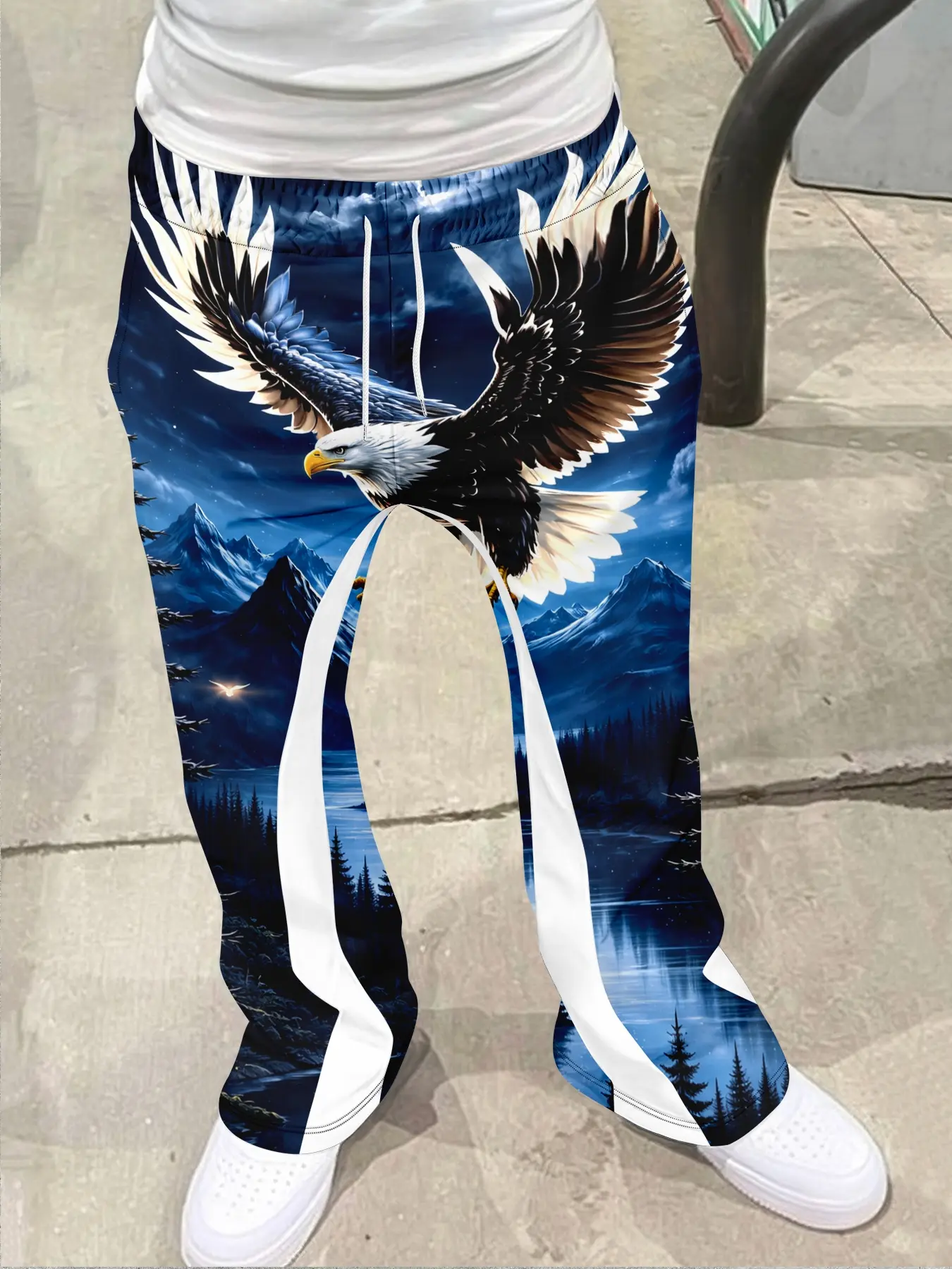 Men's Loose Fit Geometric Print Eagle Long Pants, Drawstring Sports Pants, Knitted Sports Pants, Casual Sportswear Pants, Casual Sports Bottoms, Casual Sporty Streetwear, Hip Hop Vintage Style, All Seasons Fashion