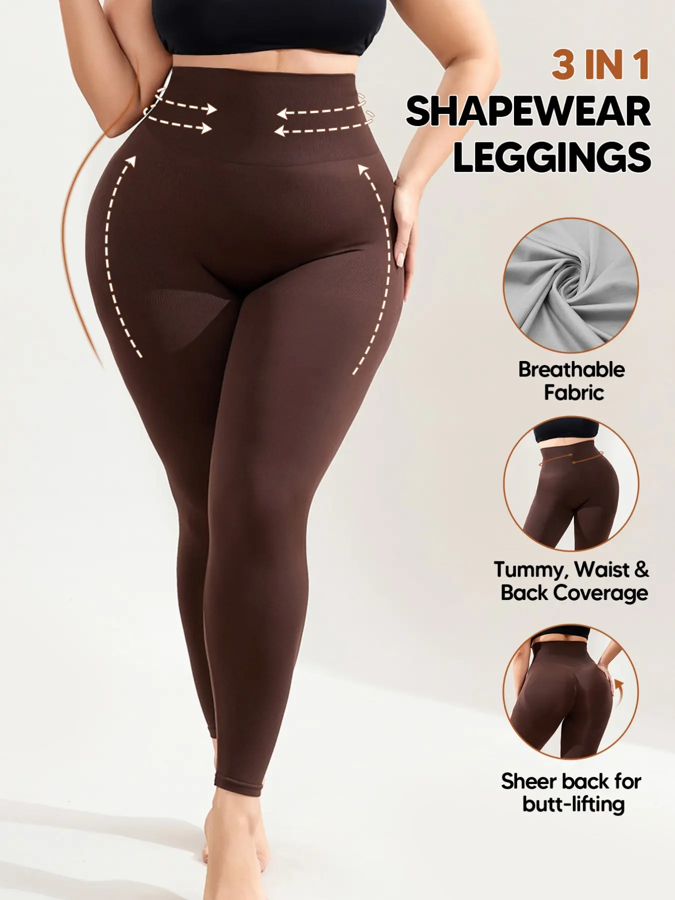 Women's Plus Size Shapewear Leggings, Shaping Leggings, Gym Workout Leggings, High Waisted Tummy Control Compression Pants, Butt Lift Full Length Slimming Tights, High Waist Stretchy, Coffee Color, High Waist Sports, Stretchable Activewear