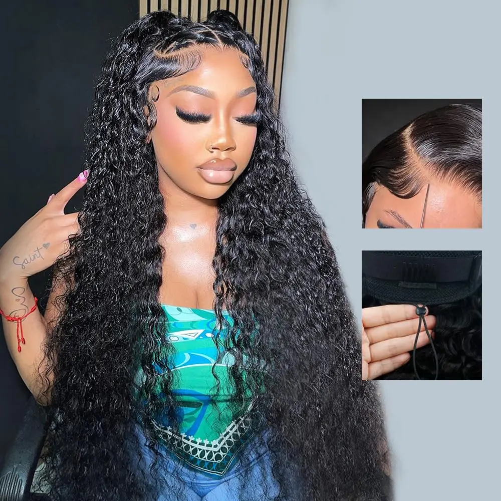 Bling Hair 13x6 Glueless Deep Wave 13x4 Lace Front Wigs Human Hair Pre Plucked Pre Cut Ear-to-Ear Frontal Curly Human Hair Wig 180% Density Pre Bleached Drawstring Glueless Wig with Ear Tapes 34 Inch #SummerVibes