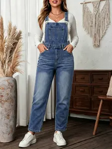 Plus Size Women's Fashion Washed Casual Overalls Drawstring Pants, Loose-Fitting Long Hems, Plain Pattern, All-Season Comfortable Wear