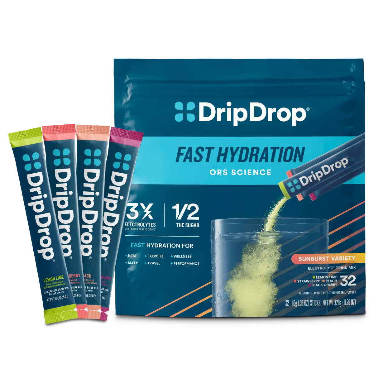 DripDrop Sunburst Variety Pack Electrolyte Powder, 8 oz sticks, 32 count DripDrop Sunburst Variety Pack Electrolyte Powder, 8 oz sticks, 32 count