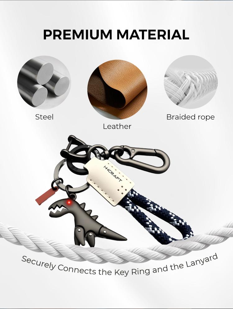 Weseecase Premium Metal Dino Keychain Retro Braided Rope & Leather Key Ring for Car Keys & Bags Durable & Stylish Accessory