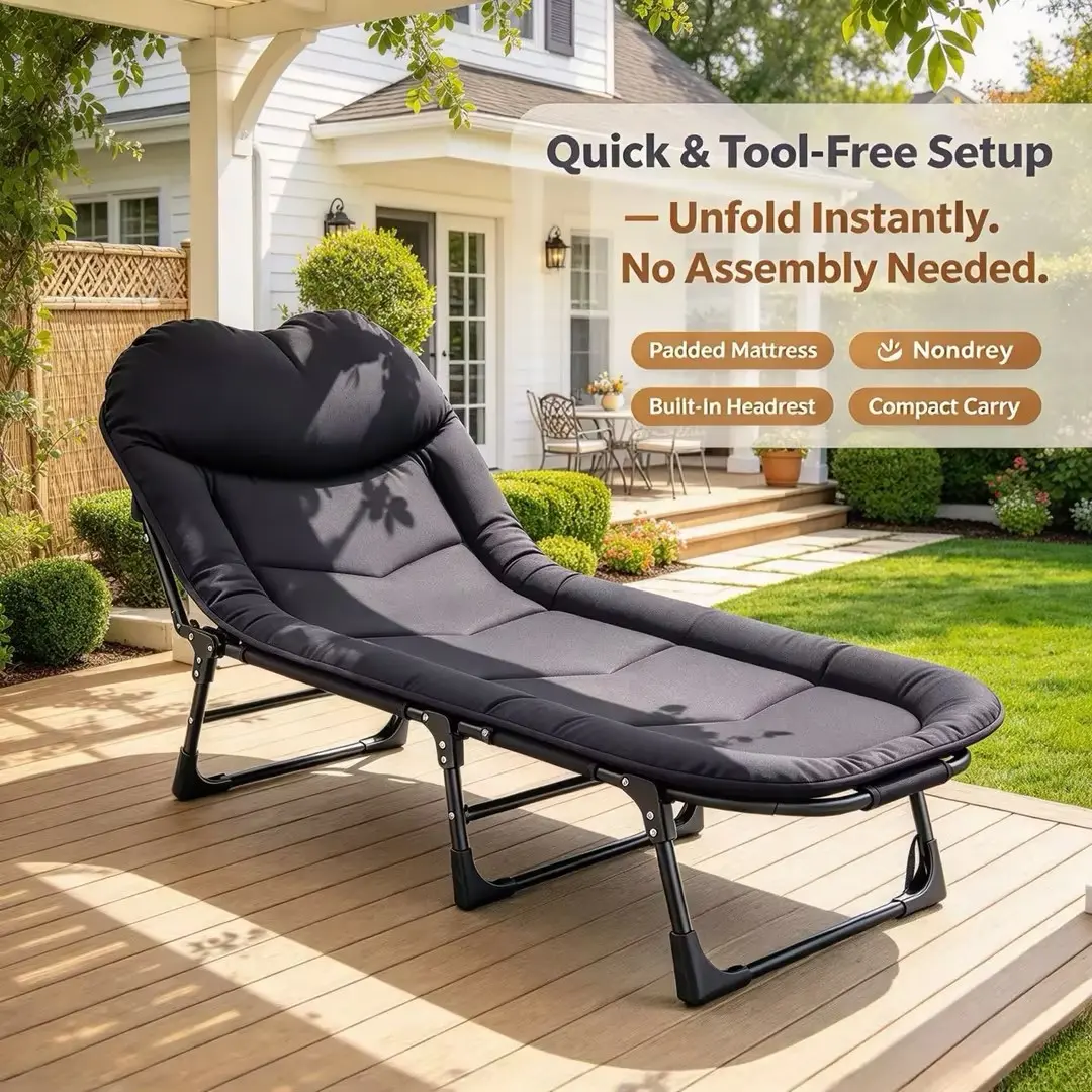 Sweetcrispy Portable Camping Cot for Adults, 6-Angle Adjustable Headrest, Oxford Fabric Folding Bed with Mattress, 450lb Weight Capacity for Camping, Office Use