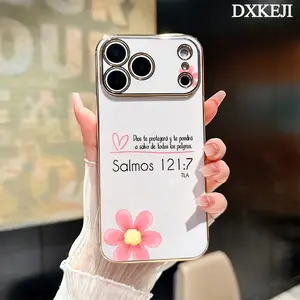 Electroplating Phone Case for iPhone 17 15 Pro Max Air 16 14 Plus 13 12 11 Spanish Bible Verse Floral Aesthetic Classic Square Design Non Slip TPU Soft Shell