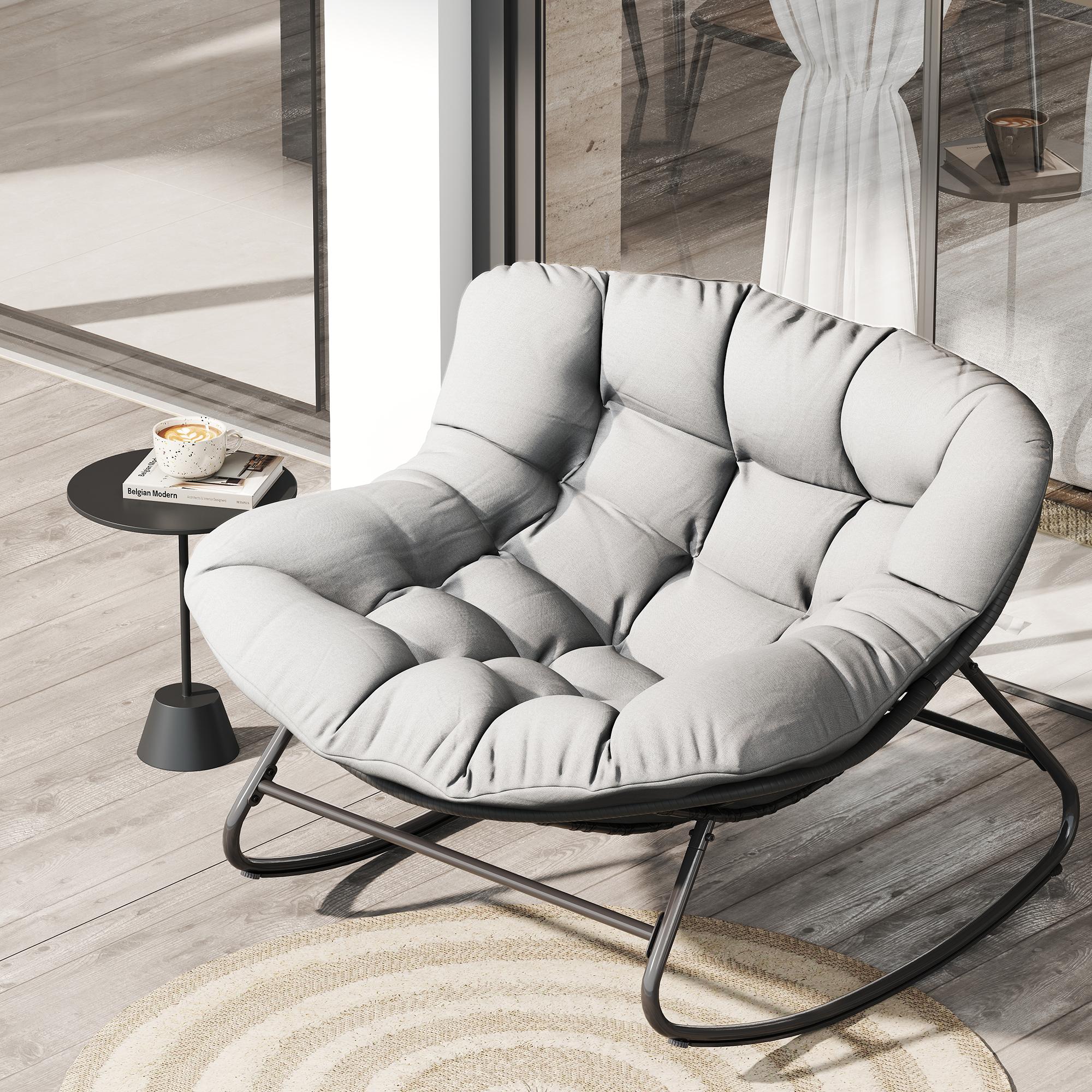 RIWENGO Outdoor Rocking Chair, Oversized Wicker Lounge Chair with Cushion and Metal Frame, Patio Rattan Egg Rocker for Balcony Backyard Porch Bedroom