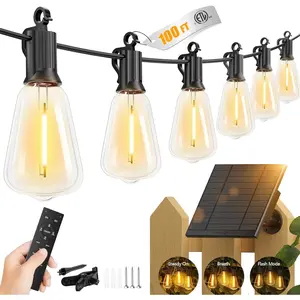 100FT Solar String Lights Outdoor Waterproof with Remote, 31+2 LED Shatterproof Bulbs, Dimmable & Timable, 3 Light Modes - Commercial Grade Patio Lights for Garden Backyard Party Decor