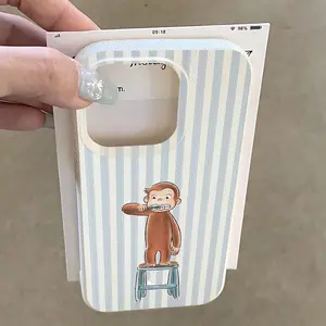 Antique Blue Striped Monkey Phone Case, Durable Shockproof Protective Cover for iPhone 15 15 Plus 15 Pro 15 Pro Max 11-17 Series Accessories