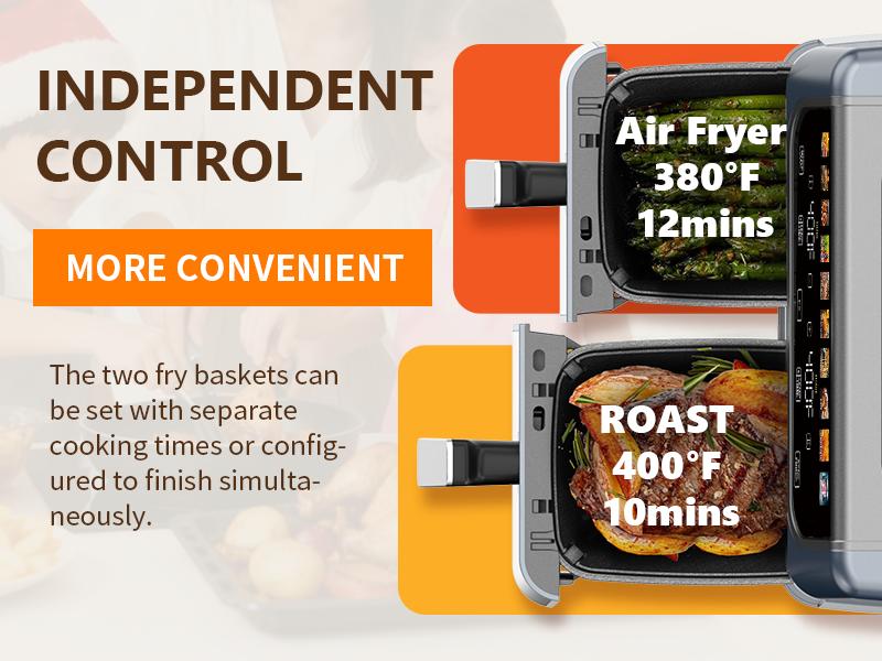 Sweetcrispy 9QT Dual Basket Air Fryer, Oven 10-in-1，2 Independent Nonstick Baskets with Easy View Windows, Sync Finish & Hi-Fry Functions,Wide Temperature Range (200°F – 450°F)， Digital Double Air Fryer