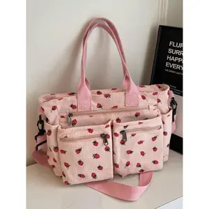 Cute Strawberry Print Canvas Tote Bag for Women – Large Capacity Aesthetic Shoulder Bag, Trendy Casual Everyday Handbag for Shopping, School, Travel, Beach & Daily Commuting