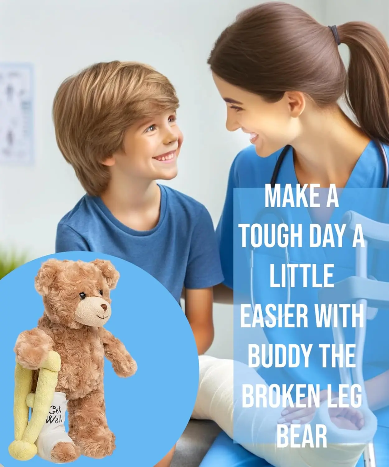 Jolitee Broken Leg Bear Plush with Reversible Crutch & Cast for Left or Right Breaks 10.5"