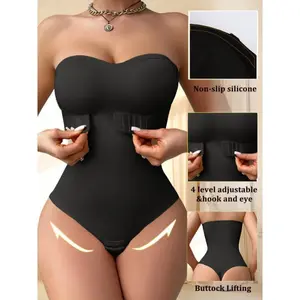 Women’s seamless one-piece shapewear with removable padding, solid-color polyamide knit fabric, medium support, invisible shoulder straps, waist-tightening shapewear—an elegant black, form-fitting, chic piece