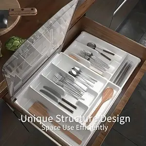 1pc Double Layer Silverware Tray With Lid, Drawer Organizer For Utensil, Cutlery Storage Holder With Cover, Kitchen Drawer Organizer Tray For Forks Spoons Table Knives, Home Kitchen Supplies