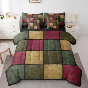 Burgundy Brown Black Comforter Set with Sheets 7 Piece Geometric Plaid Bedding Set for Kids Boys Girls Patchwork Bed in a Bag Luxury Room Decor Soft Lightweight Microfiber