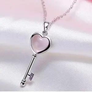 14k White Gold-Plated Love Key AAA Pink Moonstone Adult Pendant Necklace, 18