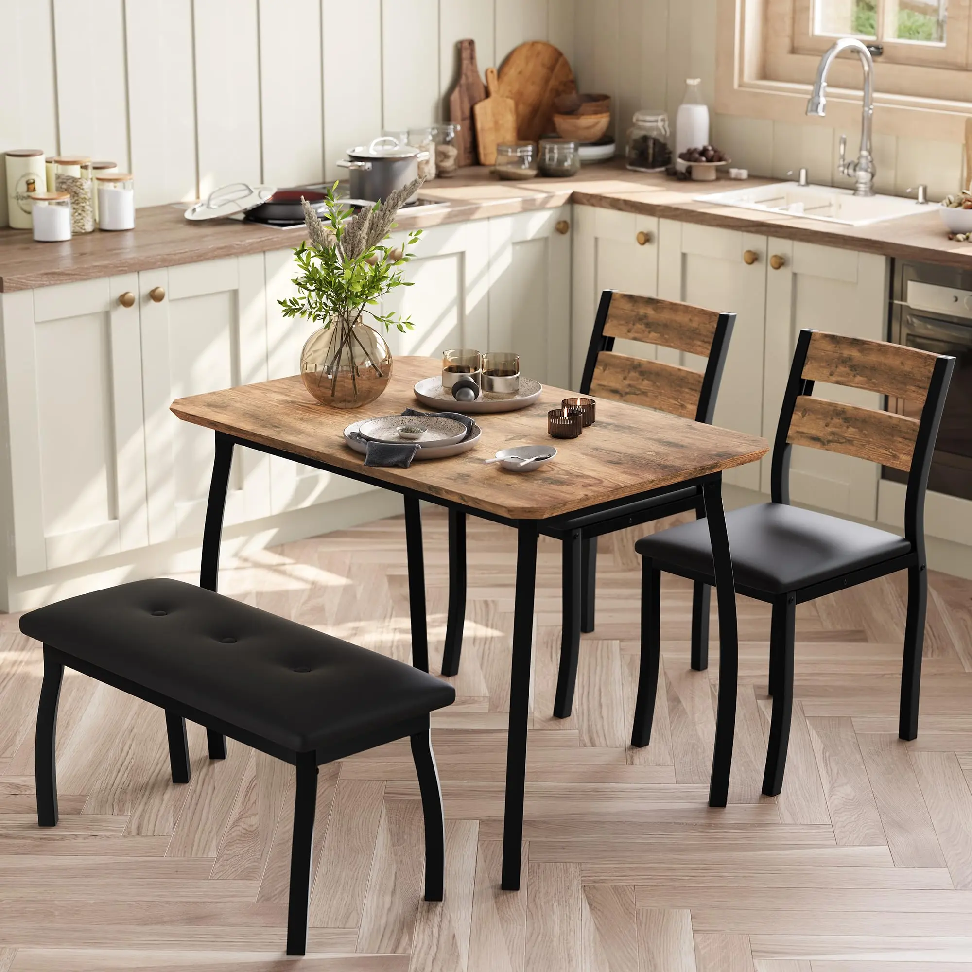 Garvee Dining Set for 4 People, Wooden Table with Padded Bench and 2 Chairs, Compact Design for Kitchen or Studio, Industrial Style, Brown
