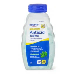 Equate Extra Strength Antacid Chewable Tablets 750 mg Calcium Carbonate Wintergreen Flavor 96 Count for Heartburn Relief and Relief of Upset Stomach