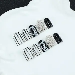Handmade French Tip Press On Nails, Black White Striped Fake Nails with 3D Butterfly Rhinestone, Reusable Acrylic False Nails for Y2K Girls, Full Cover Stick On Nails with Complete Nail Kit，Exquisite gift, suitable for daily wear and giving to women