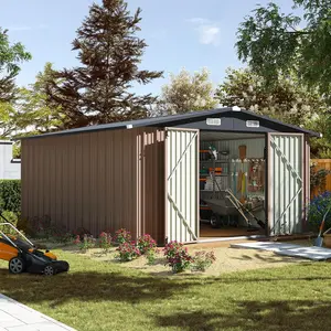 Aoxun Metal Outdoor Storage Shed, Garden Tool Shed with Sloping Roof, Lockable Door and Shelf for Patio, Lawn Organization