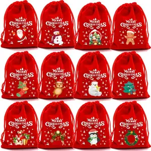 Christmas Essential Red Velvet Drawstring Bag 7.8x11.8inch Reusable Present Storage for Xmas Gifts Style 12 with Festive Designs