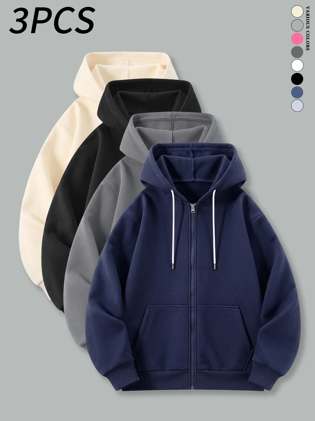 3-pack men’s tops, men’s full-zip hooded sweatshirt, men’s sweatshirt, autumn/winter clothing, comfortable and stylish, long-sleeve zip-up hoodie, men’s hoodies, solid-color hooded jacket, men’s casual sweatshirts, men’s everyday jackets