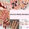 Sohochic Reusable Almond Shape Acrylic Press On Nail Sets Kit, 6 Packs (144 Pcs) 12 Sizes - 6 Styles, Quick Application, Customizable Tips, Manicure Nail Art Supply