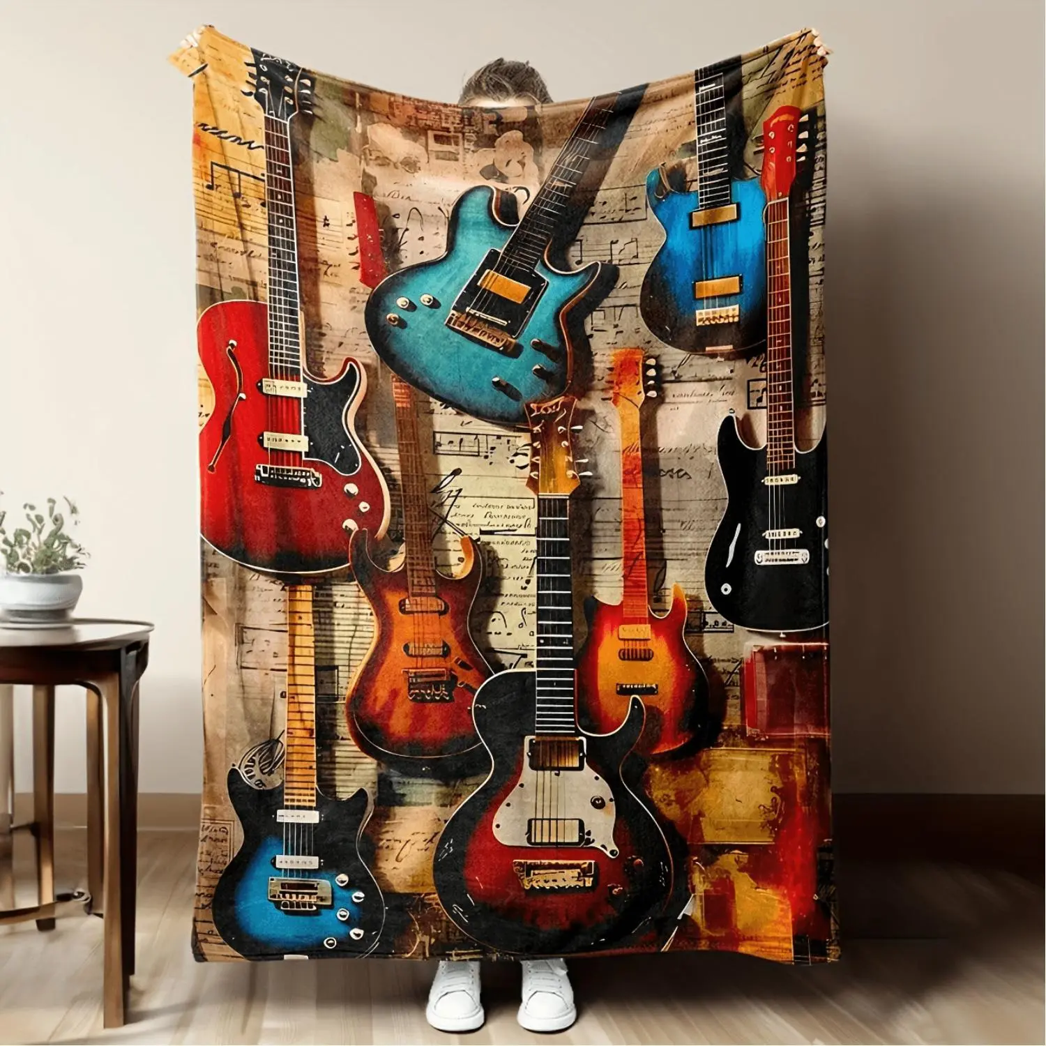 Vintage Guitar Musical Notes Flannel Blanket Soft Cozy Throw Warm Home Decor Perfect Any Season Bedroom Gift for Valentines Day Mothers Day