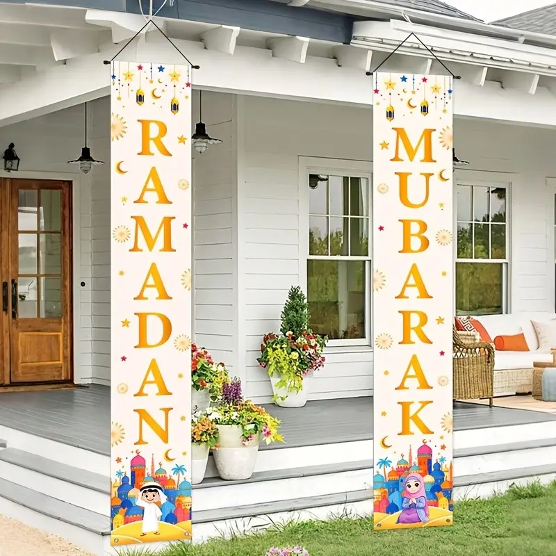 2D Flat Banner Party Sign, Fashionable Middle Eastern Ramadan Karim Door Flag, Islamic Cartoon Character Castle Design, Polyester Material