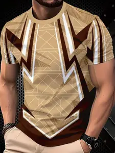 Men's Casual Geometric Pattern Polyester Short Sleeve T-Shirt, Slightly Elastic Knit Fabric, Breathable Comfort, All Seasons Wear