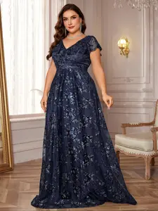【Plus Size】 Floral V Neck Dress, Elegant Feminine Formal Dress, Women's Summer Clothes for Party Holiday