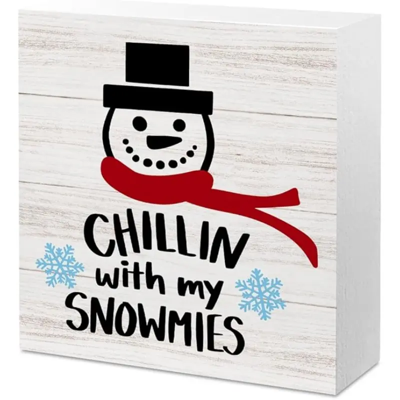 Christmas Snowman Wooden Box Sign Desk Decor Christmas Decorations Indoor Desk Accessories for Bedroom Home Shop Kitchen Shelf Chillin With My Snowmies Signs 5 X 5 Inch